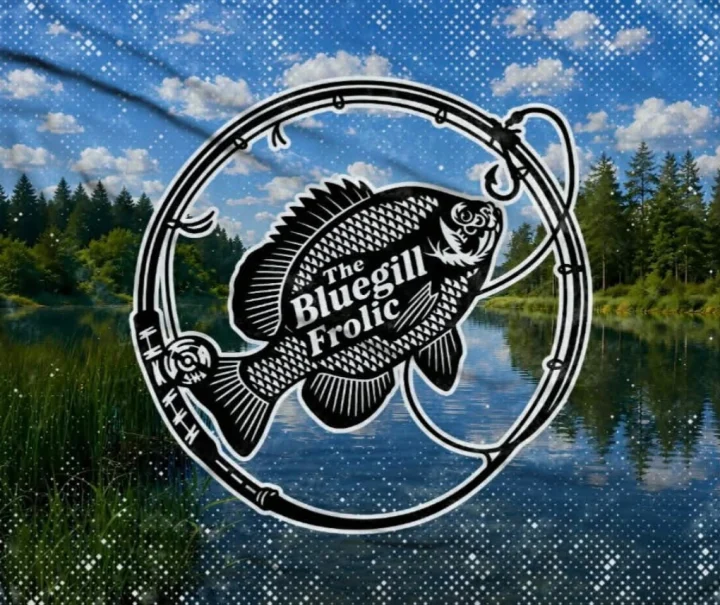 The Bluegill Frolic blanket: the bluegill and fishing-rod logo over a lake and pine tree scene